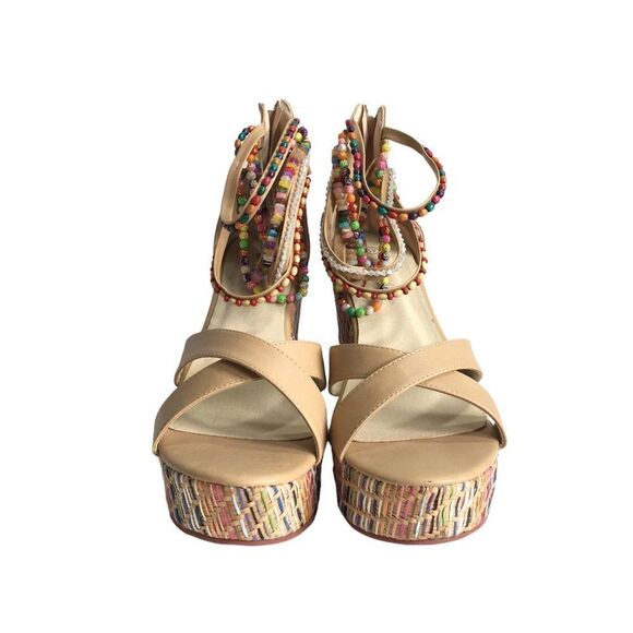 🆕Getmorebeauty Tan Ankle Beaded Strap Detailing Platform Wedge Sandals - Picture 5 of 9